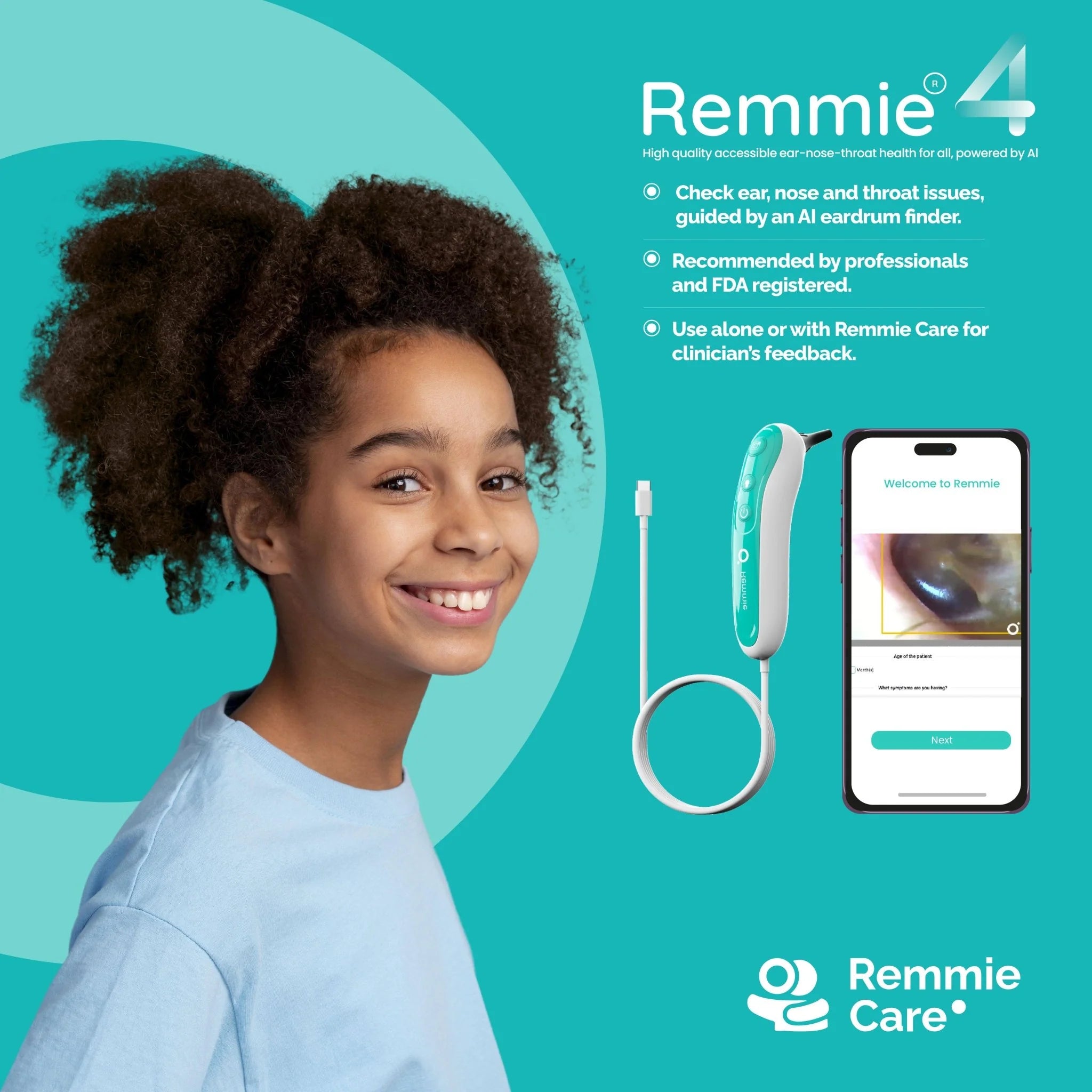 Remmie 4 AI-Powered Digital Otoscope with Light for Home Use - Ear Infection Checker for Kids & Adults - Nose Scope Video Camera with Telemedicine-Enabled App - FDA-Registered