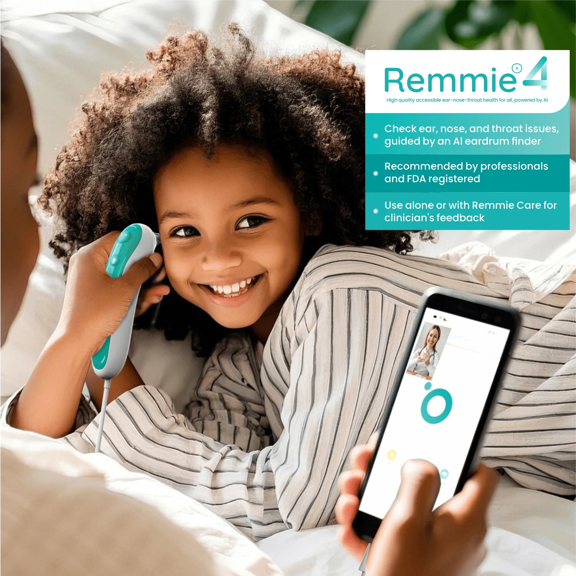 Remmie 4 AI-Powered Digital Otoscope with Light for Home Use - Ear Infection Checker for Kids & Adults - Nose Scope Video Camera with Telemedicine-Enabled App - FDA-Registered