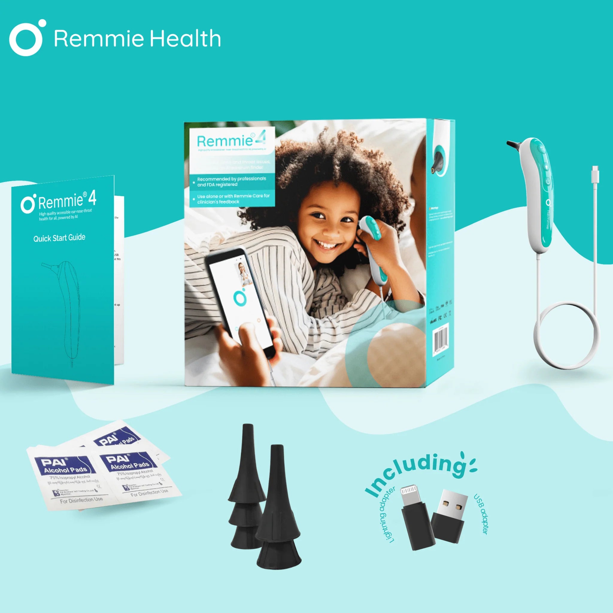 Remmie 4 AI-Powered Digital Otoscope with Light for Home Use - Ear Infection Checker for Kids & Adults - Nose Scope Video Camera with Telemedicine-Enabled App - FDA-Registered
